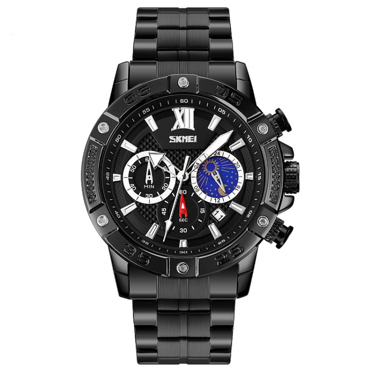 SKMEI 9235 Orologio al quarzo con cinturino in acciaio inossidabile con cronometro Moonphase da uomo