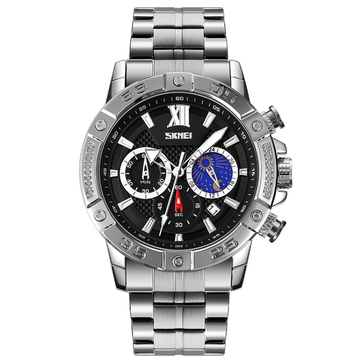 SKMEI 9235 Orologio al quarzo con cinturino in acciaio inossidabile con cronometro Moonphase da uomo