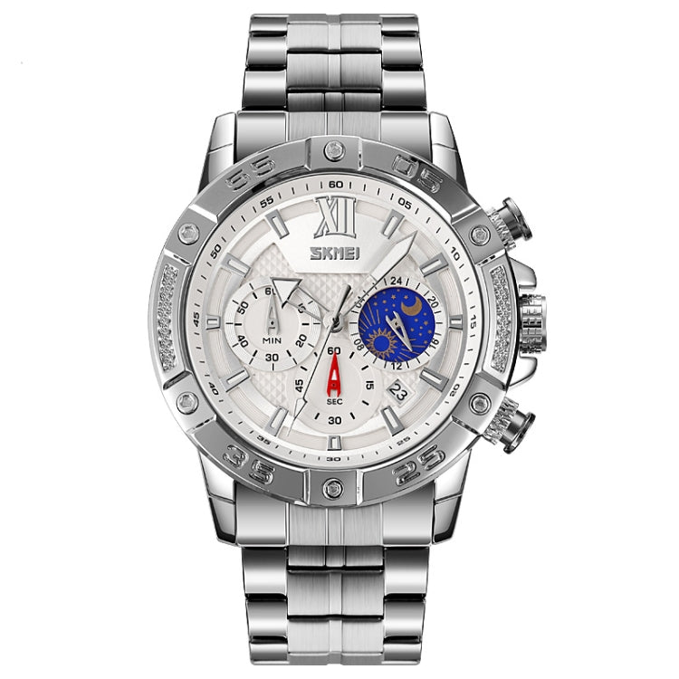 SKMEI 9235 Orologio al quarzo con cinturino in acciaio inossidabile con cronometro Moonphase da uomo