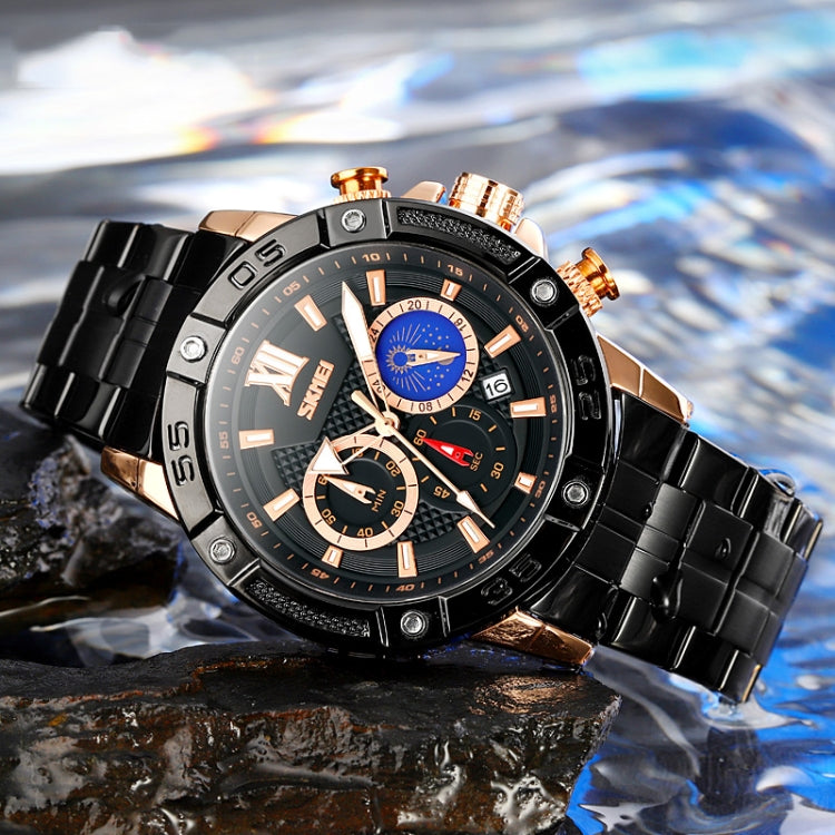 SKMEI 9235 Orologio al quarzo con cinturino in acciaio inossidabile con cronometro Moonphase da uomo