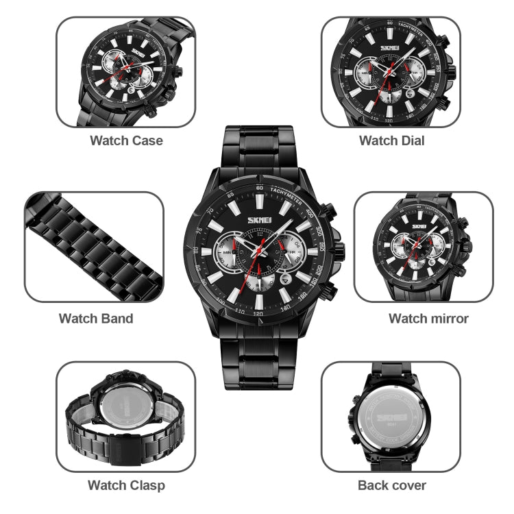 SKMEI 9241 Orologio al quarzo con cinturino in acciaio inossidabile con cronometro da uomo