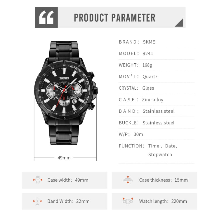 SKMEI 9241 Orologio al quarzo con cinturino in acciaio inossidabile con cronometro da uomo