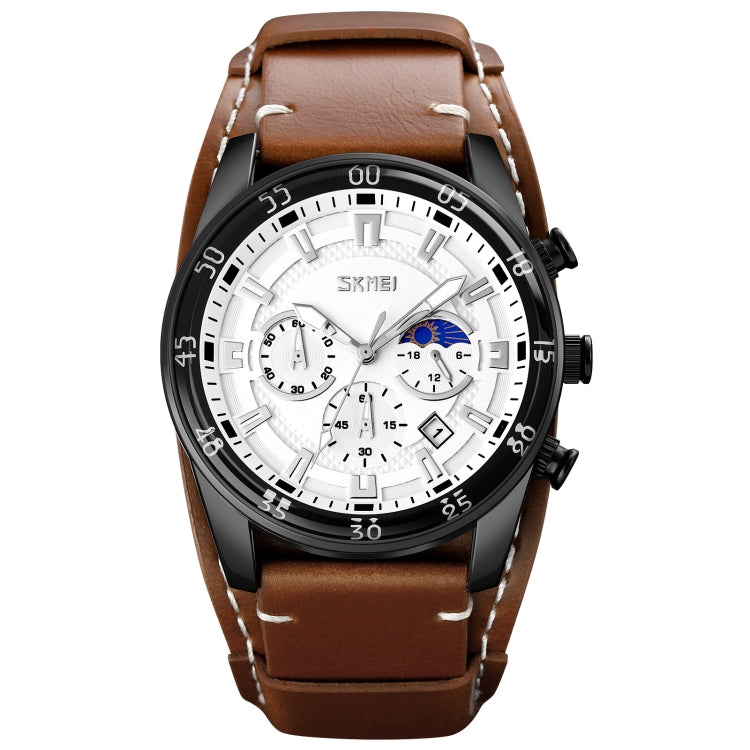 SKMEI 9249 Orologio da uomo al quarzo con cinturino in pelle con cronometro calendario fasi lunari