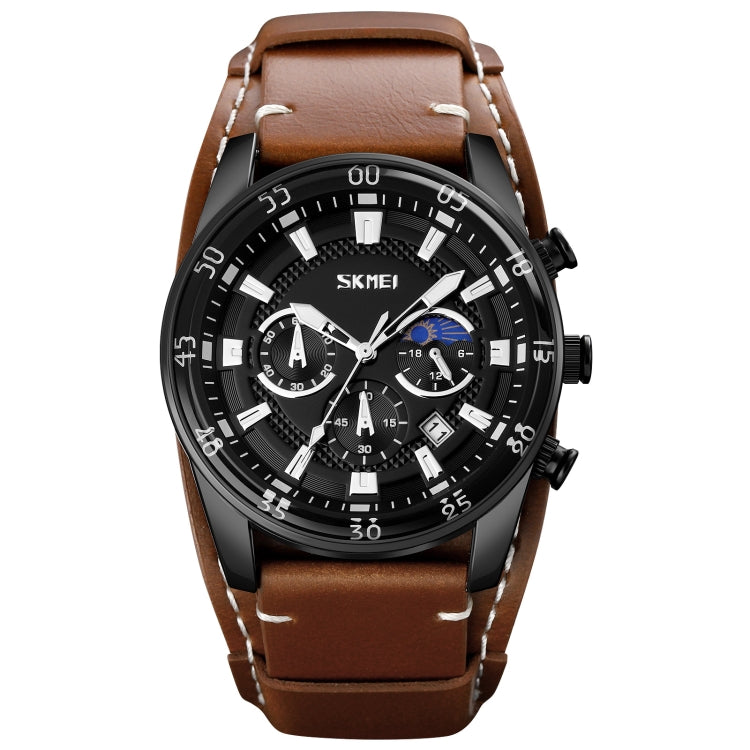 SKMEI 9249 Orologio da uomo al quarzo con cinturino in pelle con cronometro calendario fasi lunari