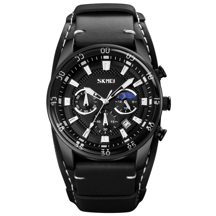 SKMEI 9249 Orologio da uomo al quarzo con cinturino in pelle con cronometro calendario fasi lunari