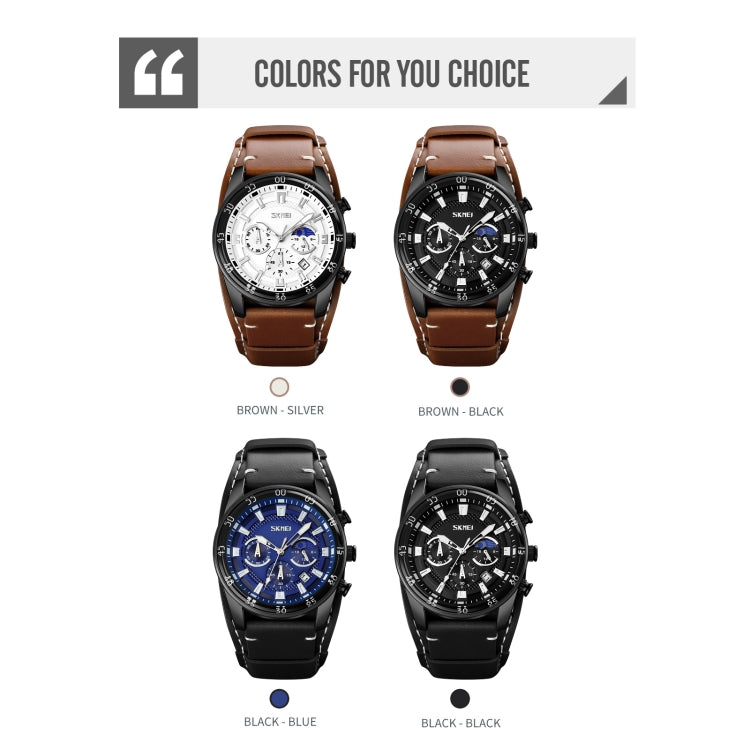 SKMEI 9249 Orologio da uomo al quarzo con cinturino in pelle con cronometro calendario fasi lunari