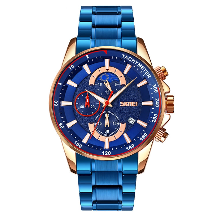 SKMEI 9250 Cronometro da uomo con fasi lunari, data, orologio al quarzo con cinturino in acciaio inossidabile a sei pin