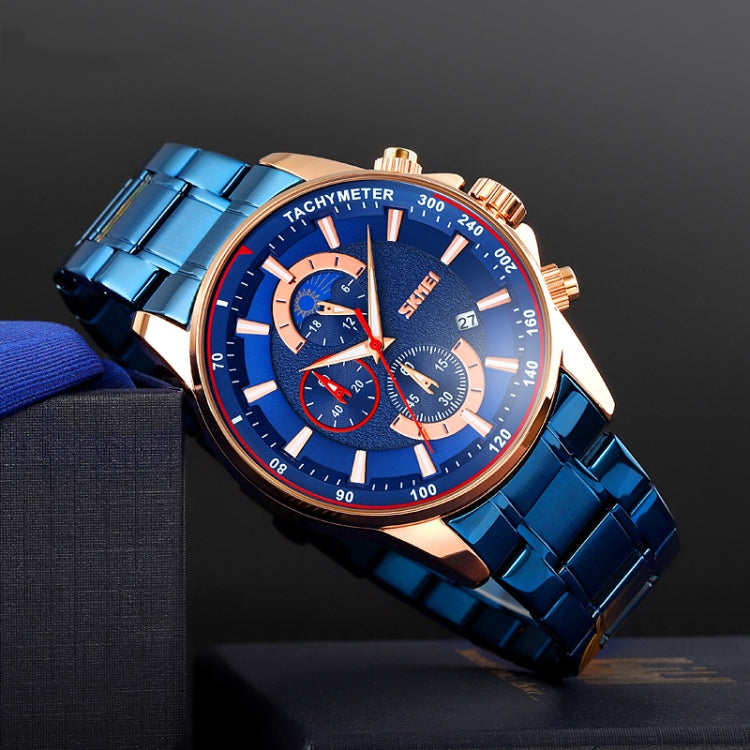 SKMEI 9250 Cronometro da uomo con fasi lunari, data, orologio al quarzo con cinturino in acciaio inossidabile a sei pin