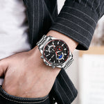 SKMEI 9250 Cronometro da uomo con fasi lunari, data, orologio al quarzo con cinturino in acciaio inossidabile a sei pin