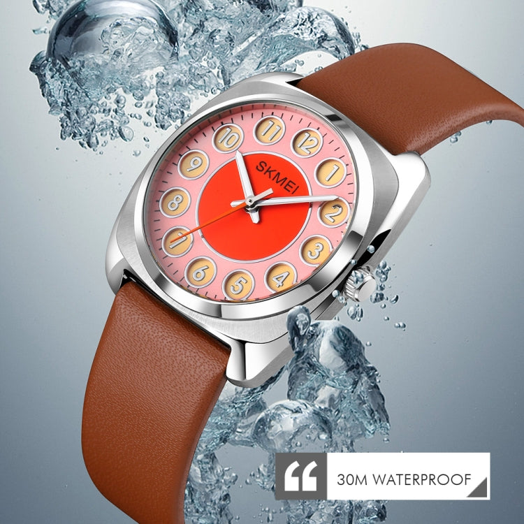 SKMEI Q029 Orologio al quarzo con cinturino in pelle con quadrante modello numero di telefono da donna