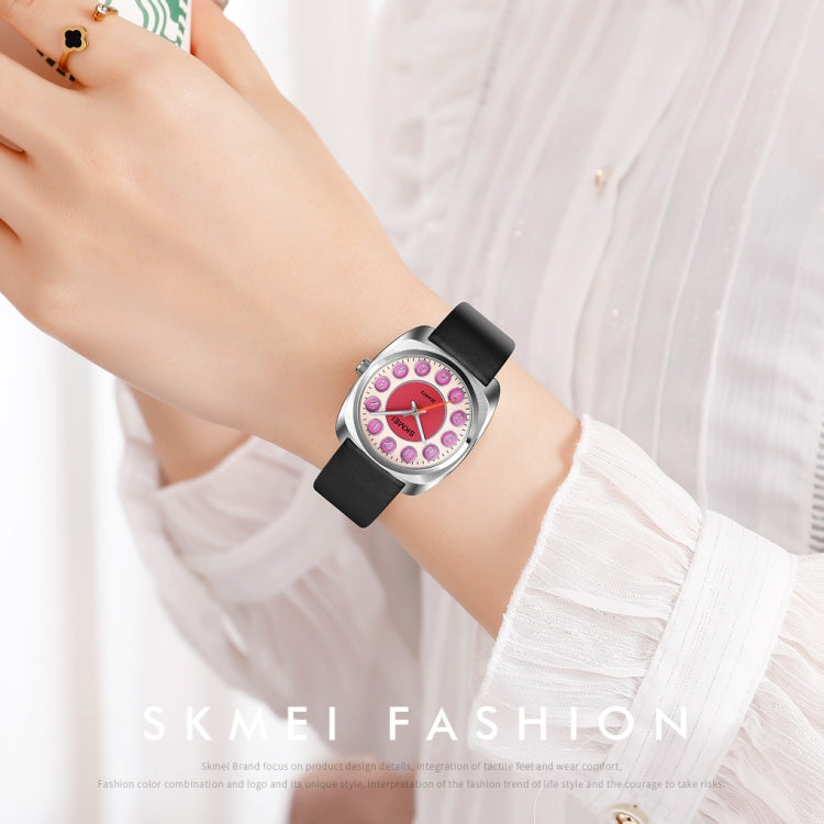 SKMEI Q029 Orologio al quarzo con cinturino in pelle con quadrante modello numero di telefono da donna