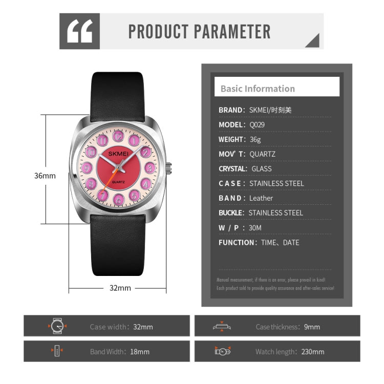 SKMEI Q029 Orologio al quarzo con cinturino in pelle con quadrante modello numero di telefono da donna