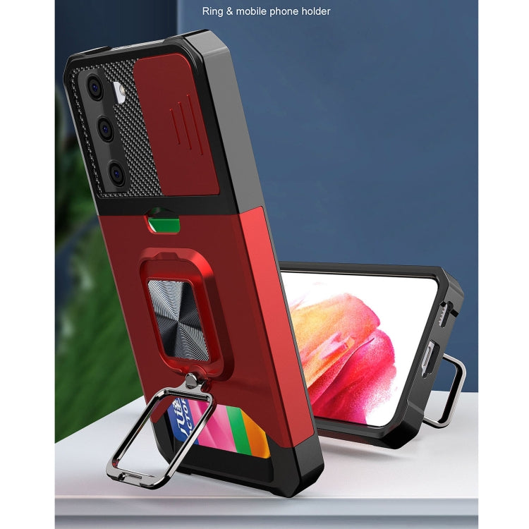 Cover per fotocamera scorrevole Design Custodia antiurto per PC + TPU con supporto per anello e slot per schede, For Samsung Galaxy S21, For Samsung Galaxy S21+, For Samsung Galaxy A12