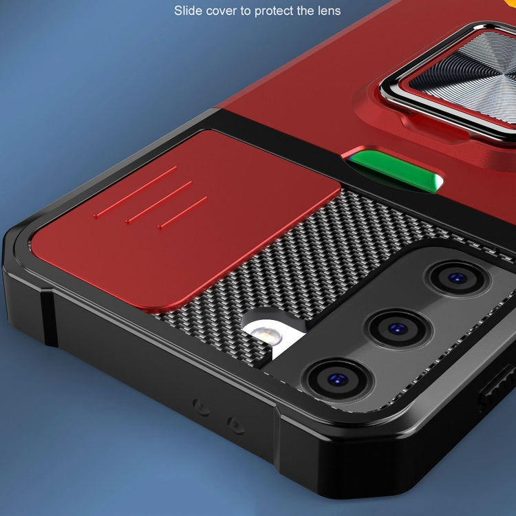 Cover per fotocamera scorrevole Design Custodia antiurto per PC + TPU con supporto per anello e slot per schede, For Samsung Galaxy S21, For Samsung Galaxy S21+, For Samsung Galaxy A12