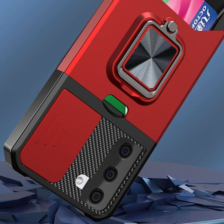 Cover per fotocamera scorrevole Design Custodia antiurto per PC + TPU con supporto per anello e slot per schede, For Samsung Galaxy S21, For Samsung Galaxy S21+, For Samsung Galaxy A12