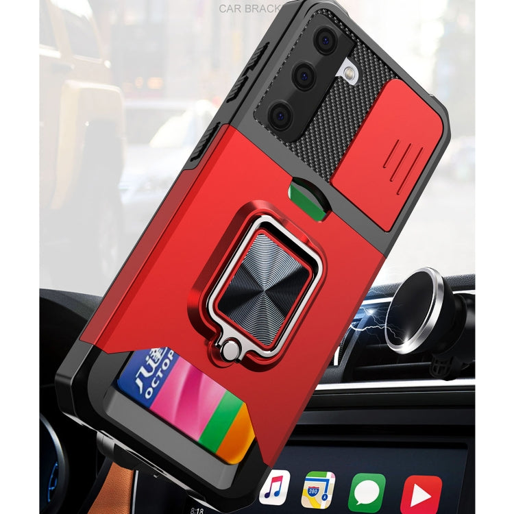 Cover per fotocamera scorrevole Design Custodia antiurto per PC + TPU con supporto per anello e slot per schede, For Samsung Galaxy S21, For Samsung Galaxy S21+, For Samsung Galaxy A12