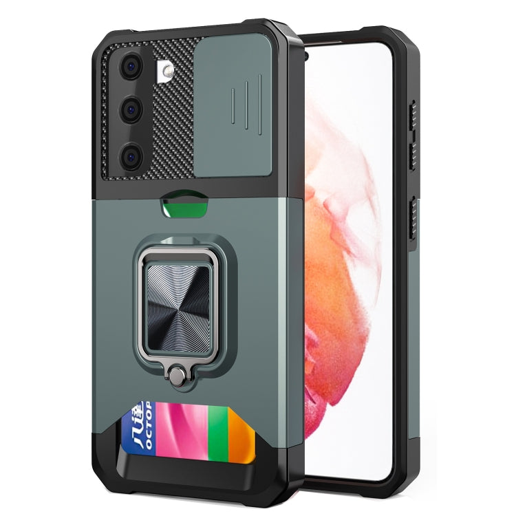 Cover per fotocamera scorrevole Design Custodia antiurto per PC + TPU con supporto per anello e slot per schede, For Samsung Galaxy S21, For Samsung Galaxy S21+, For Samsung Galaxy A12