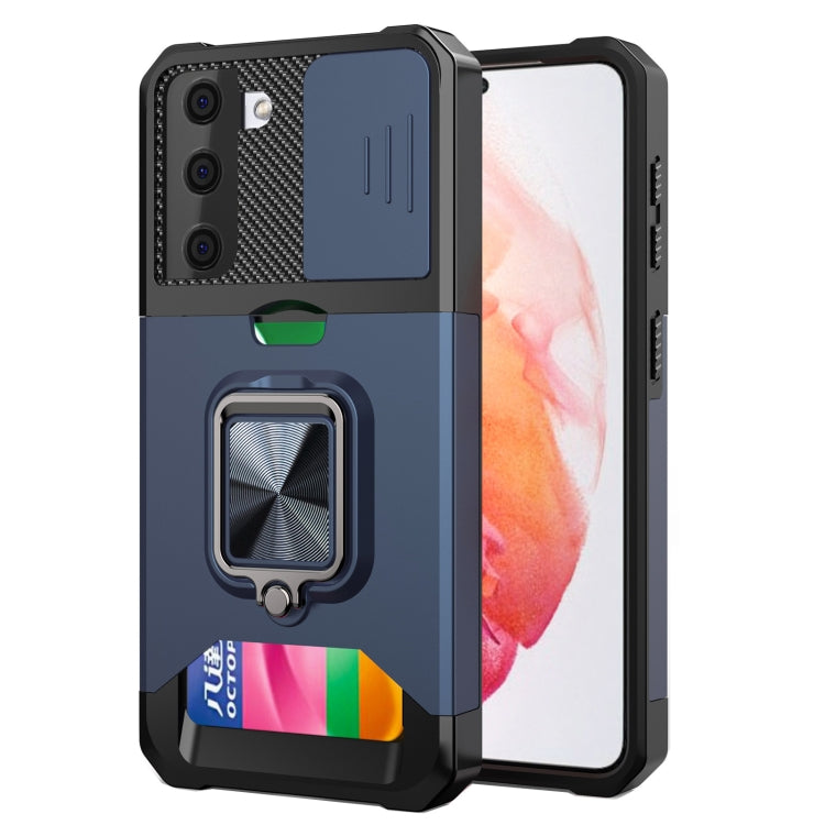 Cover per fotocamera scorrevole Design Custodia antiurto per PC + TPU con supporto per anello e slot per schede, For Samsung Galaxy S21, For Samsung Galaxy S21+, For Samsung Galaxy A12