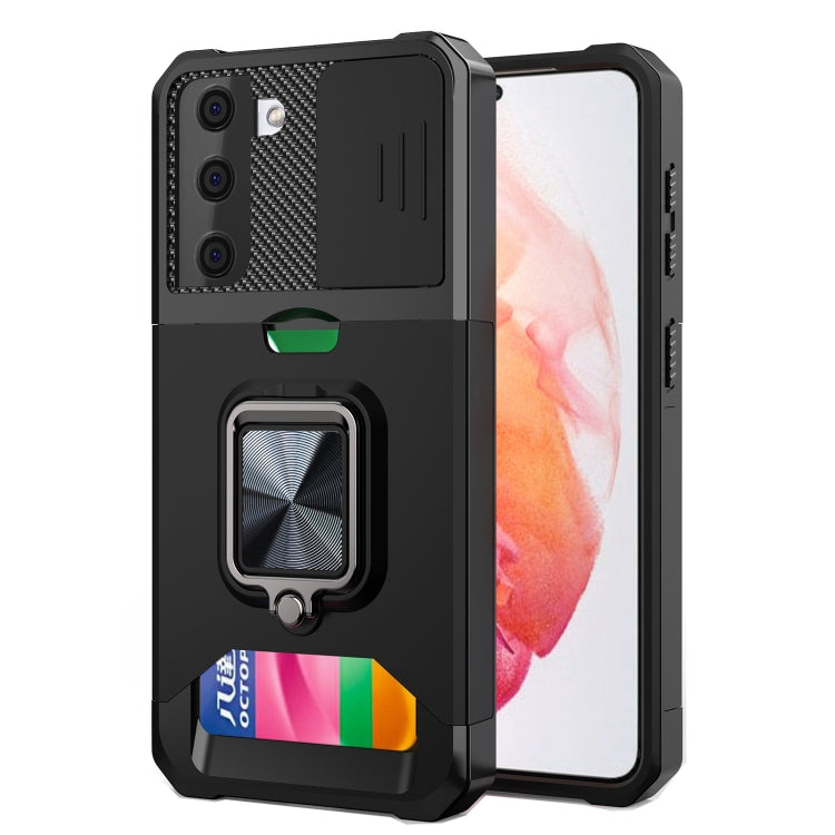 Cover per fotocamera scorrevole Design Custodia antiurto per PC + TPU con supporto per anello e slot per schede, For Samsung Galaxy S21, For Samsung Galaxy S21+, For Samsung Galaxy A12