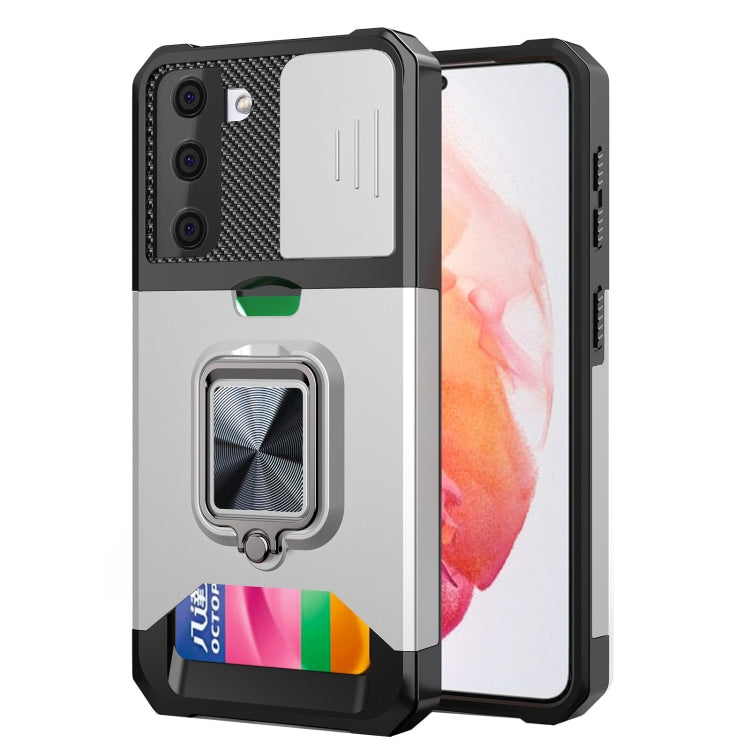 Cover per fotocamera scorrevole Design Custodia antiurto per PC + TPU con supporto per anello e slot per schede, For Samsung Galaxy S21, For Samsung Galaxy S21+, For Samsung Galaxy A12