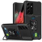 Cover per fotocamera scorrevole Design Custodia antiurto per PC + TPU con supporto per anello e slot per schede, For Samsung Galaxy S21 Ultra 5G