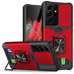 Cover per fotocamera scorrevole Design Custodia antiurto per PC + TPU con supporto per anello e slot per schede, For Samsung Galaxy S21 Ultra 5G