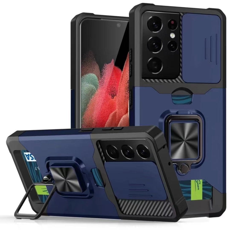 Cover per fotocamera scorrevole Design Custodia antiurto per PC + TPU con supporto per anello e slot per schede, For Samsung Galaxy S21 Ultra 5G