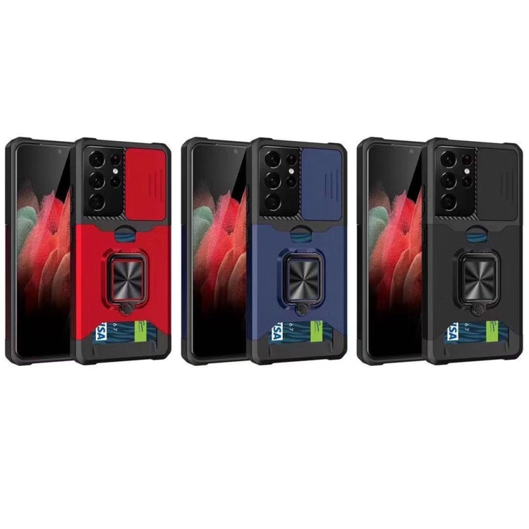 Cover per fotocamera scorrevole Design Custodia antiurto per PC + TPU con supporto per anello e slot per schede, For Samsung Galaxy S21 Ultra 5G