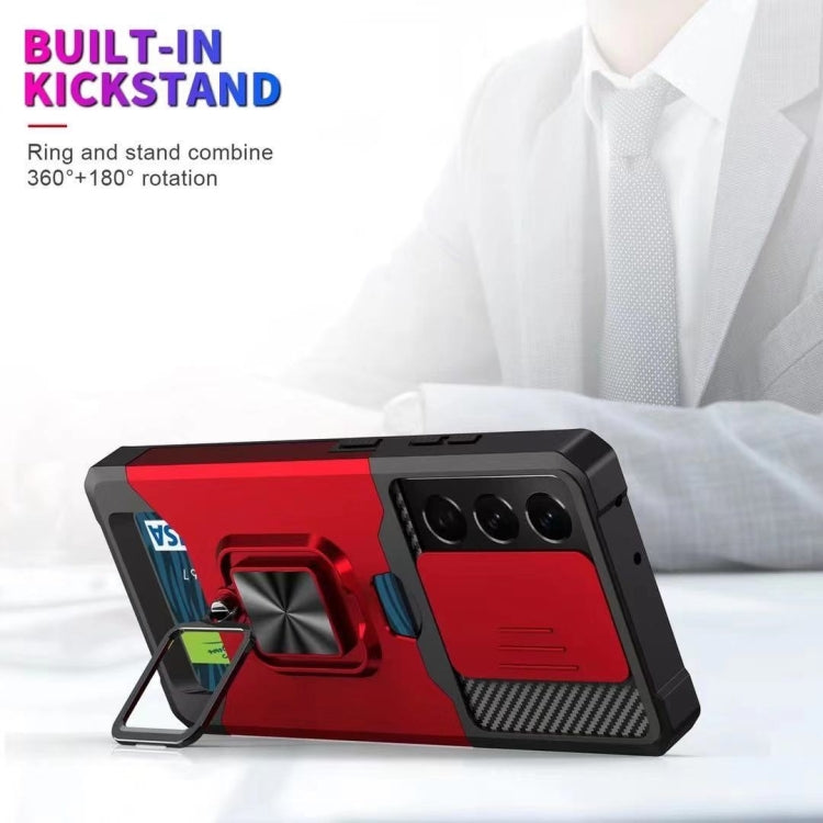 Cover per fotocamera scorrevole Design Custodia antiurto per PC + TPU con supporto per anello e slot per schede, For Samsung Galaxy S21 Ultra 5G