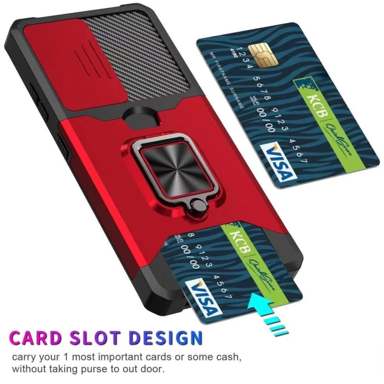 Cover per fotocamera scorrevole Design Custodia antiurto per PC + TPU con supporto per anello e slot per schede, For Samsung Galaxy S21 Ultra 5G