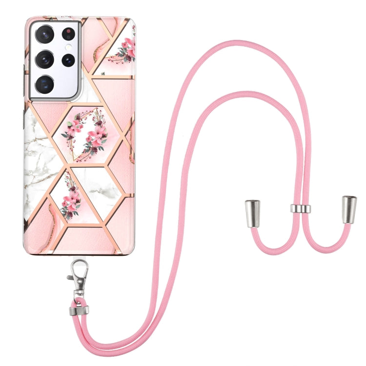 Custodia antiurto in TPU con motivo floreale in marmo con giunzione elettrolitica con cordino, For Samsung Galaxy S21 Ultra 5G, For Samsung Galaxy S21+ 5G, For Samsung Galaxy S21 5G, For Samsung Galaxy S21 FE 5G, For Samsung Galaxy S20 Ultra           ...