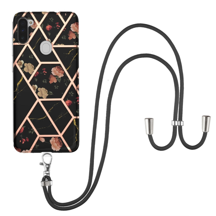 Custodia antiurto in TPU con motivo floreale in marmo con giunzione elettrolitica con cordino, For Samsung Galaxy A82 5G, For Samsung Galaxy A11 / M11