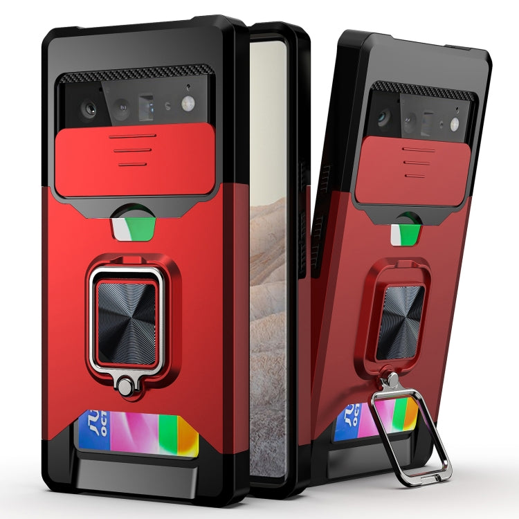 Cover per fotocamera scorrevole Design Custodia antiurto per PC + TPU con supporto per anello e slot per schede, For Google Pixel 6