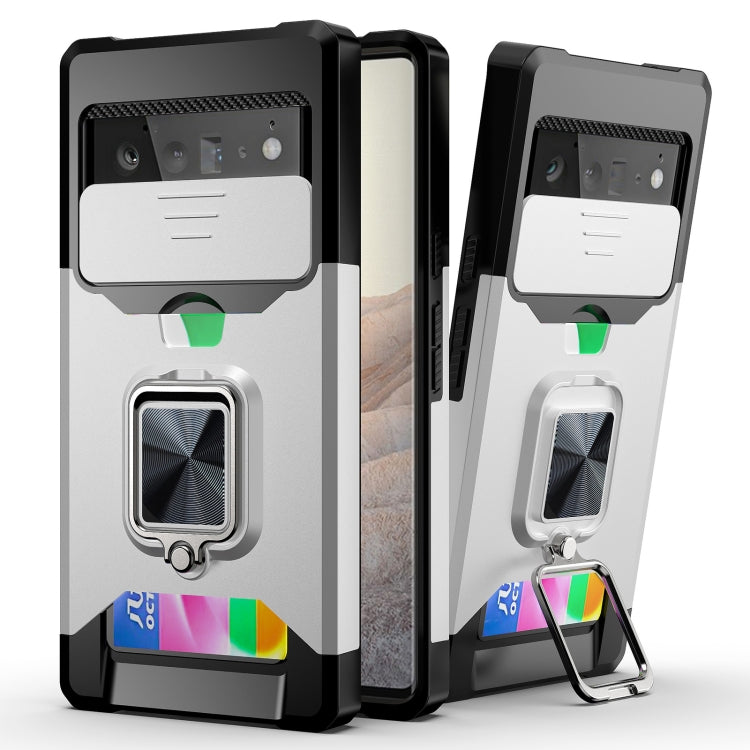 Cover per fotocamera scorrevole Design Custodia antiurto per PC + TPU con supporto per anello e slot per schede, For Google Pixel 6