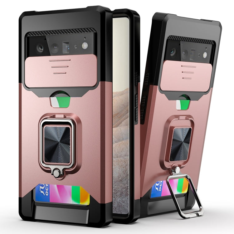 Cover per fotocamera scorrevole Design Custodia antiurto per PC + TPU con supporto per anello e slot per schede, For Google Pixel 6