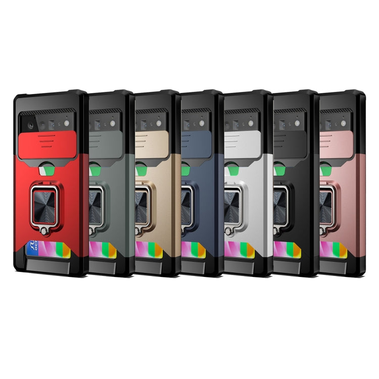 Cover per fotocamera scorrevole Design Custodia antiurto per PC + TPU con supporto per anello e slot per schede, For Google Pixel 6