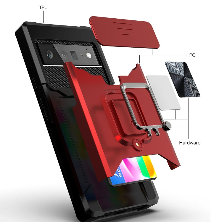 Cover per fotocamera scorrevole Design Custodia antiurto per PC + TPU con supporto per anello e slot per schede, For Google Pixel 6