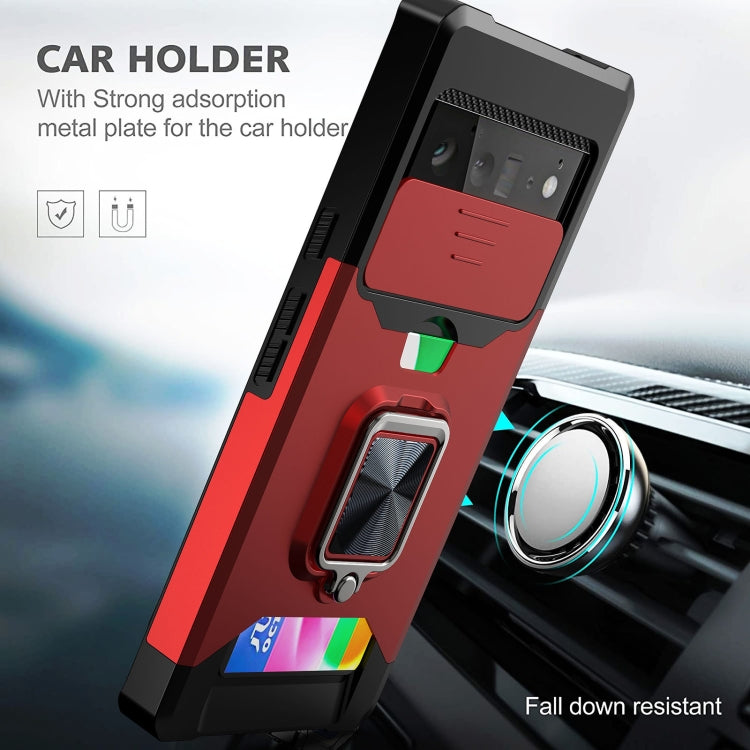 Cover per fotocamera scorrevole Design Custodia antiurto per PC + TPU con supporto per anello e slot per schede, For Google Pixel 6