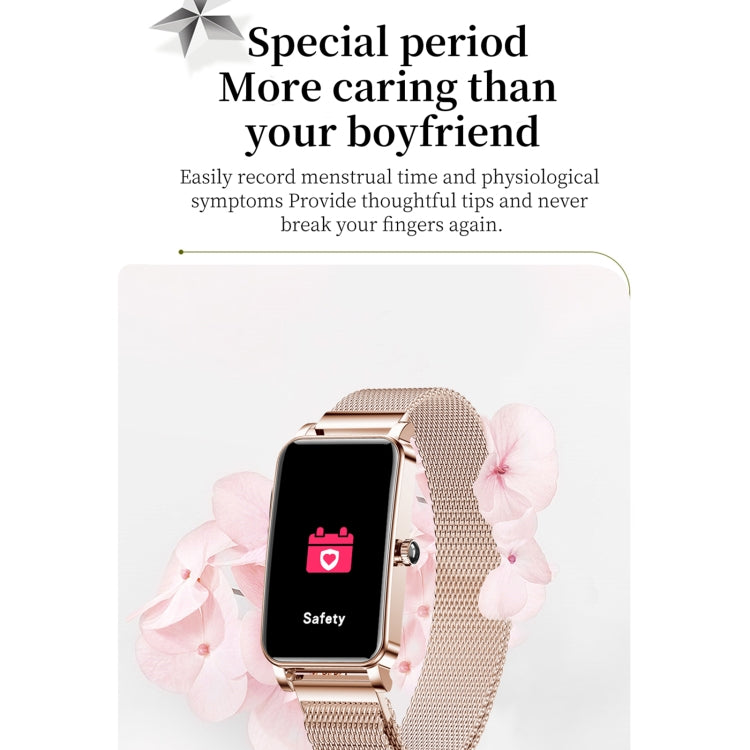 ZX19 Schermo HD da 1,45 pollici Bluetooth 5.0 IP68 Orologio intelligente da donna impermeabile, supporto monitor del sonno / promemoria ciclo mestruale / cardiofrequenzimetro / monitoraggio dell'ossigeno nel sangue, stile: cinturino milanese           ...