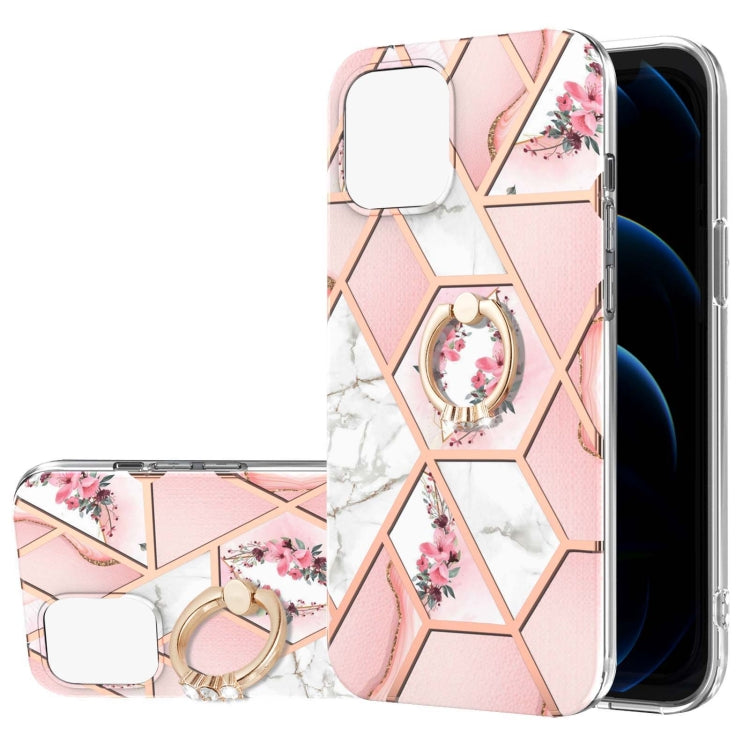 Custodia antiurto in TPU con motivo floreale in marmo con giunzione elettrolitica con supporto per anello di strass, For iPhone 13 mini, For iPhone 13, For iPhone 13 Pro, For iPhone 13 Pro Max, For iPhone 12 mini, For iPhone 12 / 12 Pro