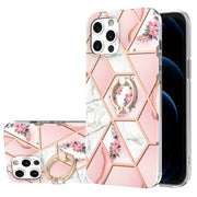 Custodia antiurto in TPU con motivo floreale in marmo con giunzione elettrolitica con supporto per anello di strass, For iPhone 12 Pro Max, For iPhone 11, For iPhone 11 Pro, For iPhone 11 Pro Max, For iPhone X / XS, For iPhone XR