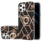 Custodia antiurto in TPU con motivo floreale in marmo con giunzione elettrolitica con supporto per anello di strass, For iPhone 12 Pro Max, For iPhone 11, For iPhone 11 Pro, For iPhone 11 Pro Max, For iPhone X / XS, For iPhone XR