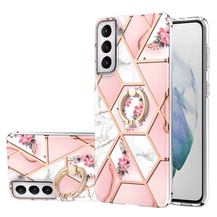 Custodia antiurto in TPU con motivo floreale in marmo con giunzione elettrolitica con supporto per anello di strass, For Samsung Galaxy S21  5G, For Samsung Galaxy S21+  5G, For Samsung Galaxy S21 Ultra 5G, For Samsung Galaxy S21 FE                    ...