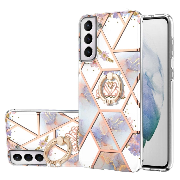 Custodia antiurto in TPU con motivo floreale in marmo con giunzione elettrolitica con supporto per anello di strass, For Samsung Galaxy S21  5G, For Samsung Galaxy S21+  5G, For Samsung Galaxy S21 Ultra 5G, For Samsung Galaxy S21 FE                    ...