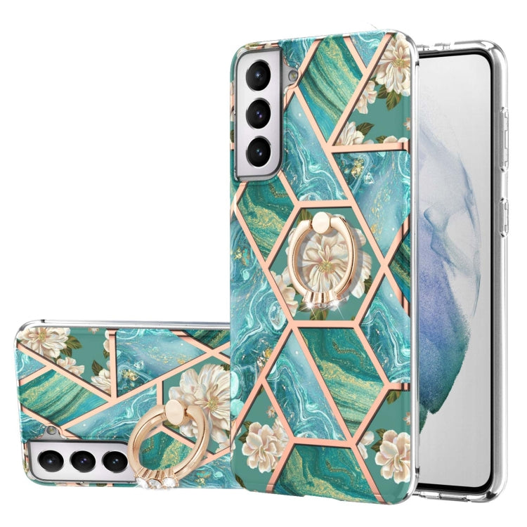 Custodia antiurto in TPU con motivo floreale in marmo con giunzione elettrolitica con supporto per anello di strass, For Samsung Galaxy S21  5G, For Samsung Galaxy S21+  5G, For Samsung Galaxy S21 Ultra 5G, For Samsung Galaxy S21 FE                    ...