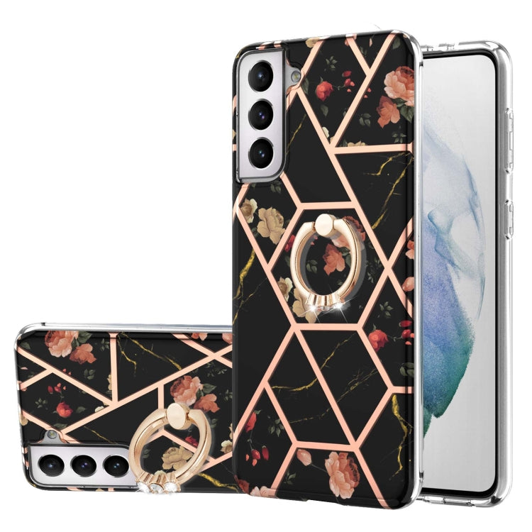 Custodia antiurto in TPU con motivo floreale in marmo con giunzione elettrolitica con supporto per anello di strass, For Samsung Galaxy S21  5G, For Samsung Galaxy S21+  5G, For Samsung Galaxy S21 Ultra 5G, For Samsung Galaxy S21 FE                    ...