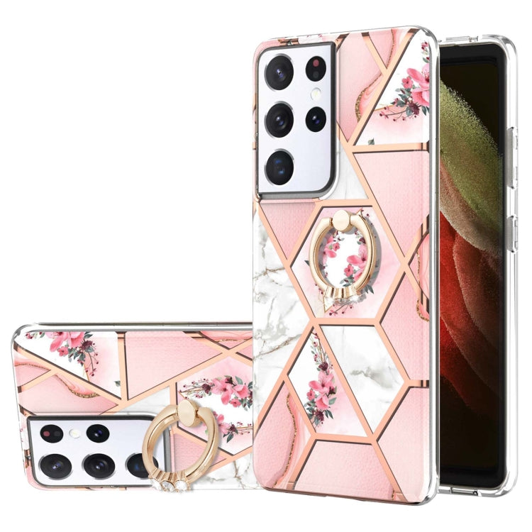 Custodia antiurto in TPU con motivo floreale in marmo con giunzione elettrolitica con supporto per anello di strass, For Samsung Galaxy S21  5G, For Samsung Galaxy S21+  5G, For Samsung Galaxy S21 Ultra 5G, For Samsung Galaxy S21 FE                    ...