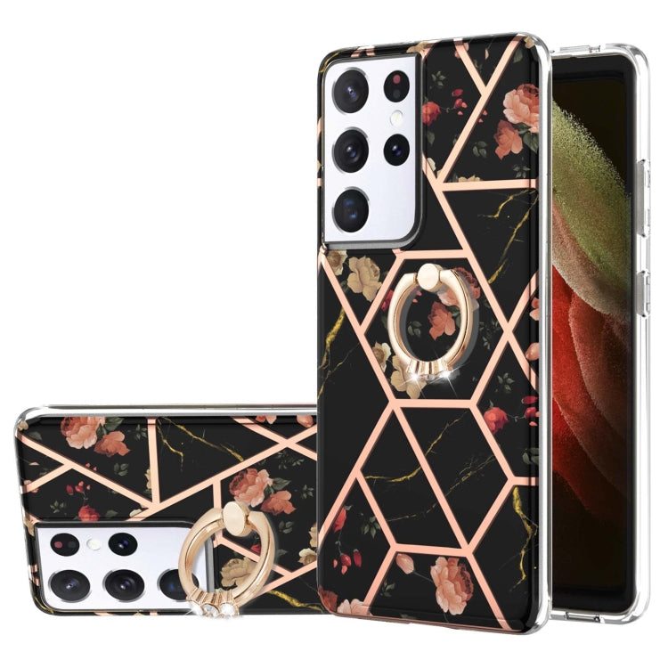 Custodia antiurto in TPU con motivo floreale in marmo con giunzione elettrolitica con supporto per anello di strass, For Samsung Galaxy S21  5G, For Samsung Galaxy S21+  5G, For Samsung Galaxy S21 Ultra 5G, For Samsung Galaxy S21 FE                    ...