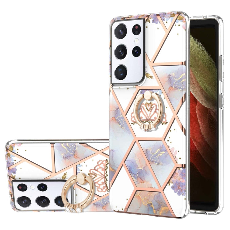 Custodia antiurto in TPU con motivo floreale in marmo con giunzione elettrolitica con supporto per anello di strass, For Samsung Galaxy S21  5G, For Samsung Galaxy S21+  5G, For Samsung Galaxy S21 Ultra 5G, For Samsung Galaxy S21 FE                    ...