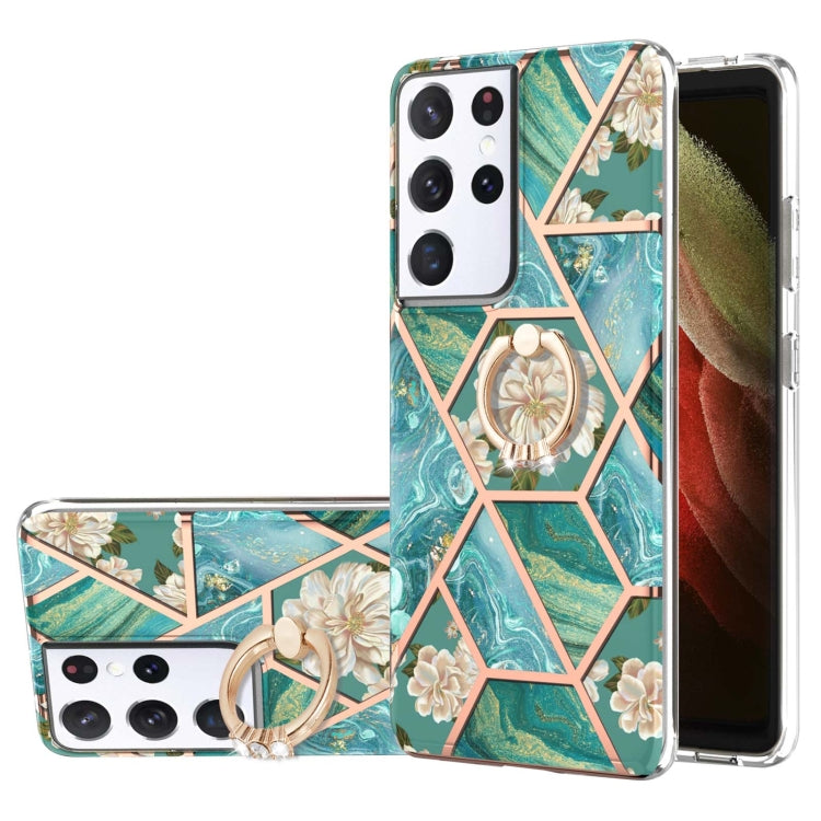 Custodia antiurto in TPU con motivo floreale in marmo con giunzione elettrolitica con supporto per anello di strass, For Samsung Galaxy S21  5G, For Samsung Galaxy S21+  5G, For Samsung Galaxy S21 Ultra 5G, For Samsung Galaxy S21 FE                    ...
